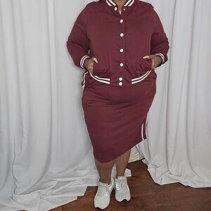 Ashley Stewart Burgundy Varsity Skirt Set with White Stripes